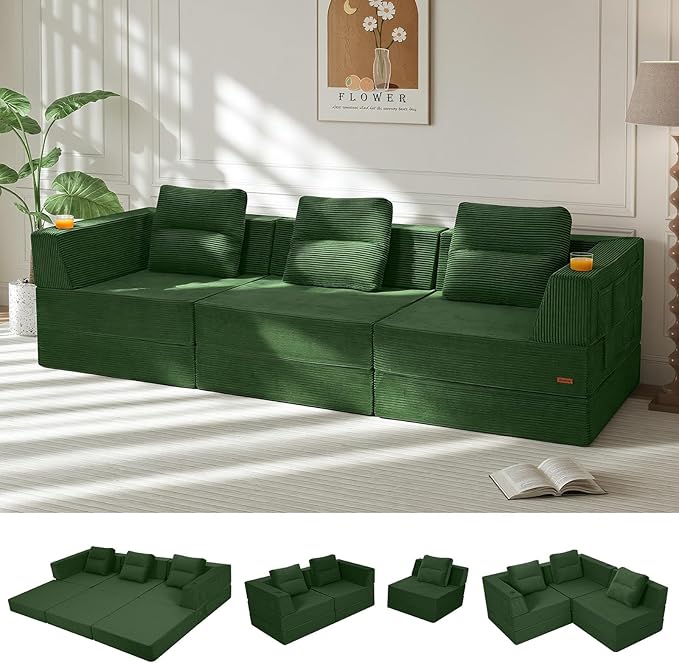COMAX Futon Sofa Bed 3 Seater, 106" Convertible Sofa Bed Couches for Living Room, 4 in 1 Folding Boneless Sleeper Corduroy Couch Foam in a Box, Comfy Foldable Lounge Fold Out Floor Mattress, Green