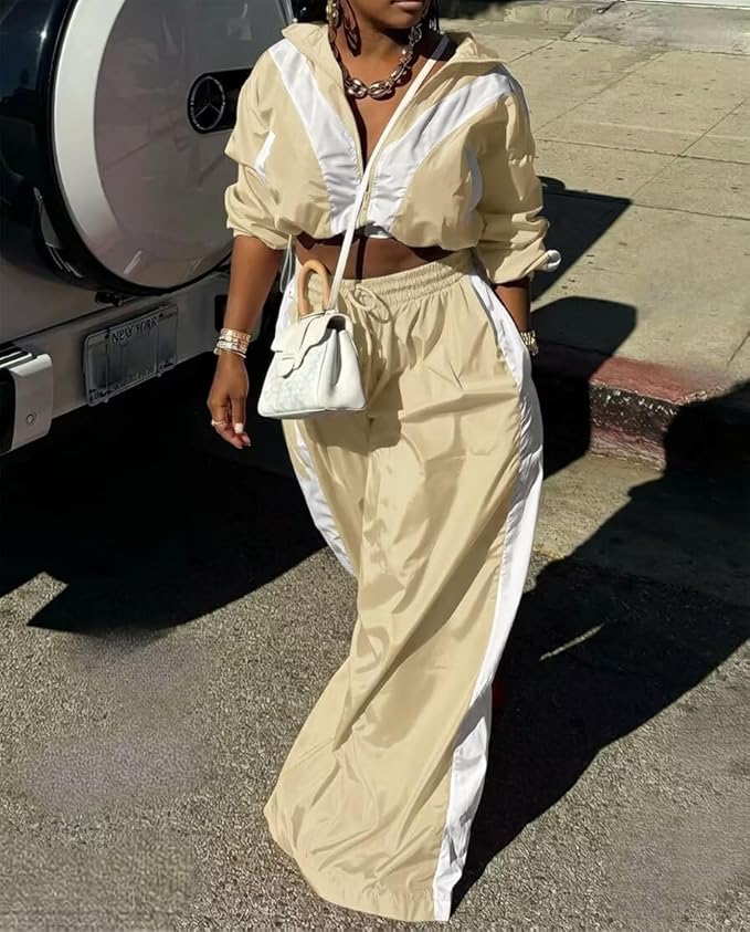 Women Striped 2 Piece Outfits Fall Workout Sets Windbreaker Tracksuit Crop Jacket Wide Leg Pants with Pockets