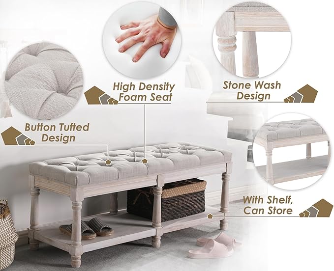 Farmhouse Storage Bench Wooden Entryway Upholstered Tufted Ottoman Bench for Bedroom End of Bed Hallway Organizer, Beige