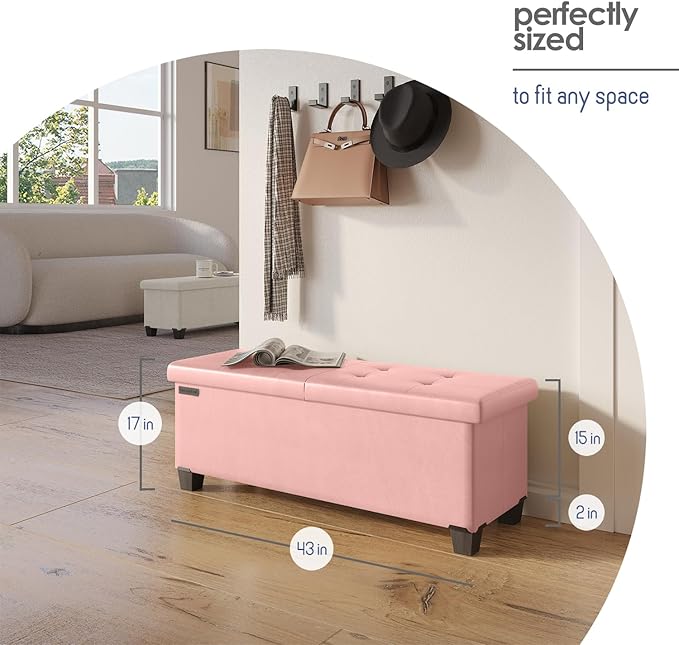 Storage Ottoman Bench with Bins, 43-in Storage Bench for Bedroom End of Bed, Folding Foot Rest Ottoman for Living Room Max 660lbs, Faux Leather Ottomans, Pink
