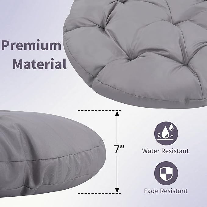 Kromax 40" Ergonomic Wicker Papasan Chair, 360° Swivel Round Egg Chair with Soft Thick Cushion, Indoor Outdoor Use for Living Room, Bedroom, Reading Room, Grey Frame with Light Grey Cushion