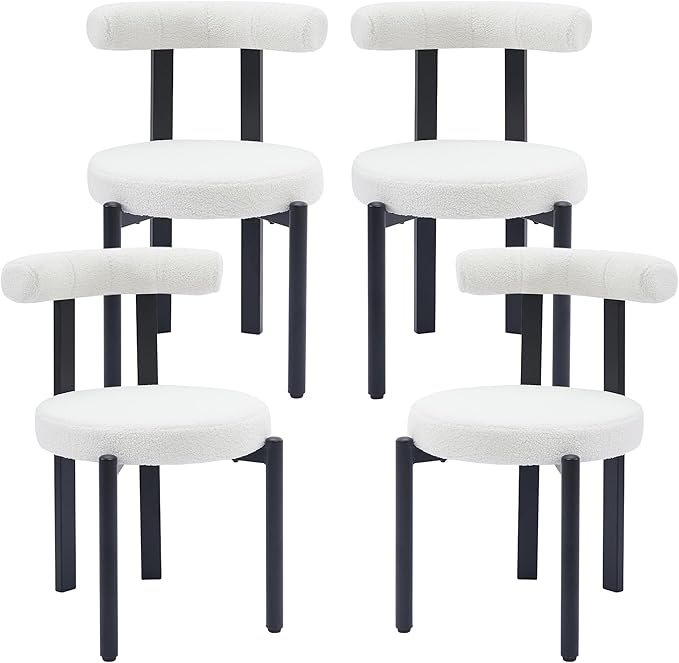 Kiztir Dining Chairs Set of 4, Modern Boucle Dining Chairs with Curved Backrest and Black Metal Legs, Upholstered Teddy Dining Room Chairs for Kitchen, Living Room, Bedroom (Beige)