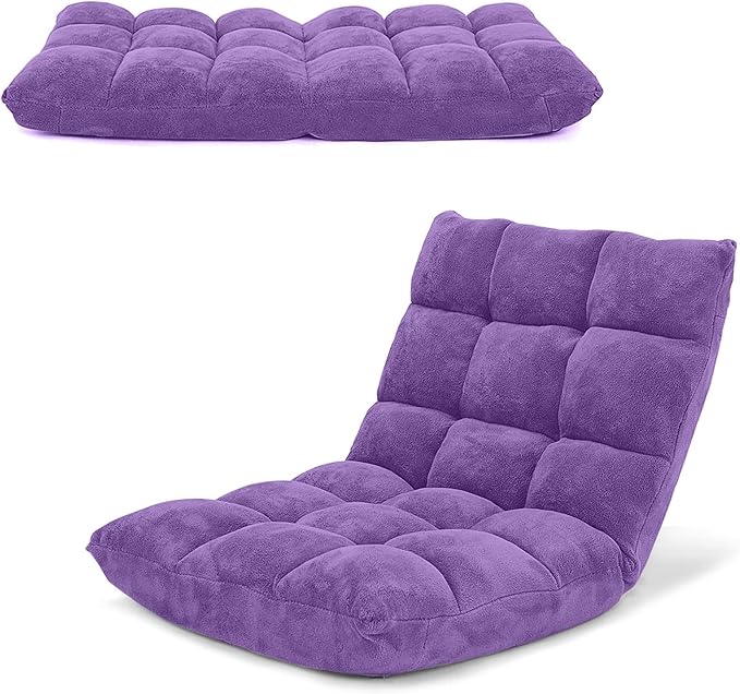COSTWAY Adjustable Gaming Chair, Purple, 14-Position Back Support, Soft Coral Fleece, Portable, Lightweight, 22" x 24" x 22"