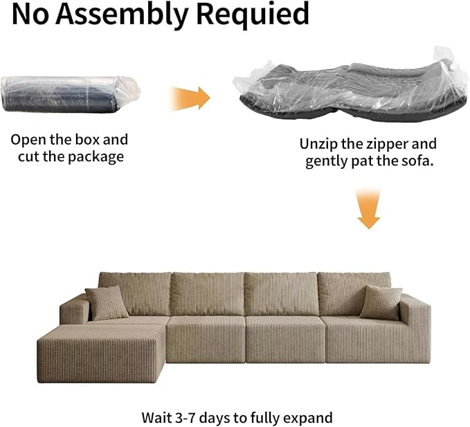 139" Boneless Cloud Sectional Sofa, Modular L-Shaped Couch with Deep Seats, Compressed Frameless Corduroy Sofa in Boxes, No Assembly Required, 4-Seater with Right-Facing Chaise, Grey