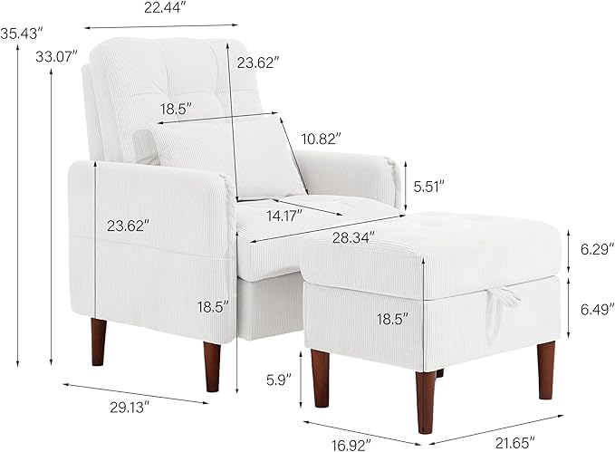 Lumibee Accent Chair with Storage Ottoman, Upholstered Comfy Reading Chair with Adjustable Reclining Backrest, Corduroy Fabric Lounge Chair Armchair for Living Room Bedroom, Set of 2, White