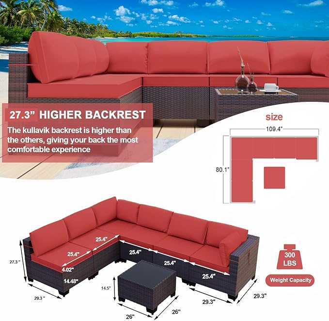 Kullavik 7 Pieces Outdoor Patio Furniture Set,Wicker Outdoor Sectional Sofa,All-Weather Patio Conversation Sets with Washable Thick Cushions & Coffee Table for Garden,Backyard,Balcony,Porch,Red