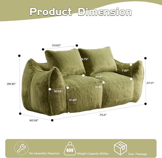 KEIKI Giant Bean Bag Couch for Adults, Oversized Loveseat, 2 Seater Fireside Chair, Comfy Lazy Floor Sofa, Cozy Reading Chair with Pillows for Living Room, Bedroom, No Assembly Required