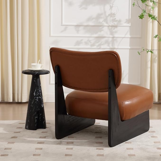 Brown Faux Leather Living Room Chairs Set of 2, Cozy Upholstered Armless Accent Chair for Bedroom, Black Wood Frame, Vintage Modern Lounge Reading Chair for Apartment Waiting Room Office