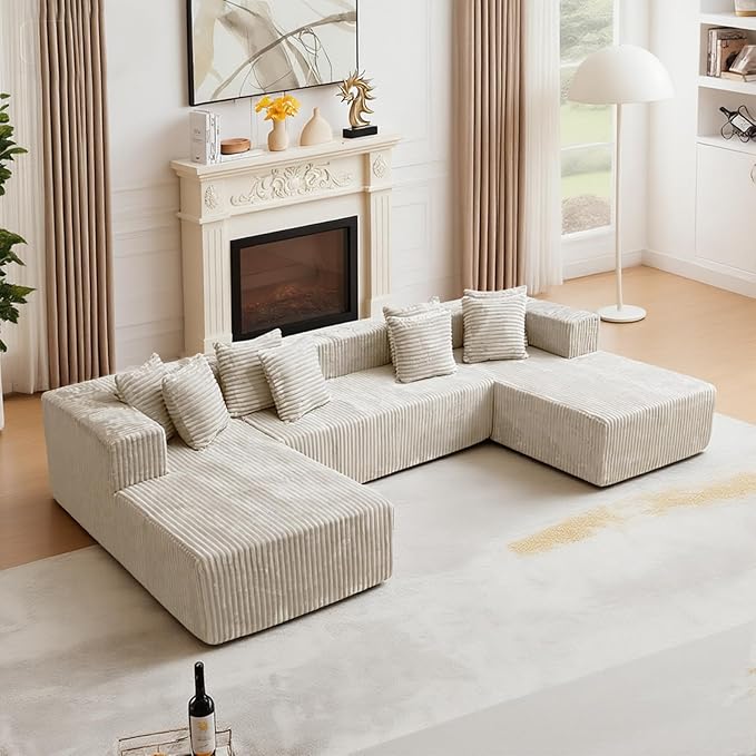 130'' U Shaped Couched for Living Room, Cloud Modular Sectional Couch with 2 Chaise Lounge, Modern Minimalist Upholstered Sofa Sleeper Deep Seat Corner Couch, No Assembly Required Beige