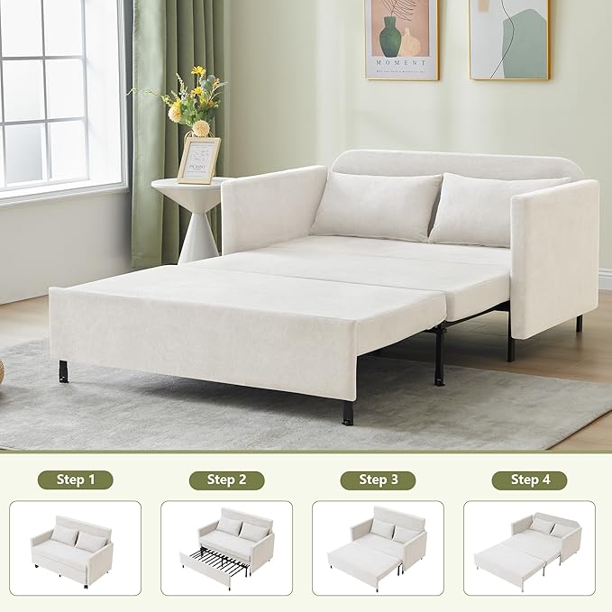 QHITTY Pull Out Couch Bed, 2-in-1 Sleeper Sofa Small Loveseat Bed with Hidden Side Table and Iron Frame for Living Room, Small Space, Apartment (White)