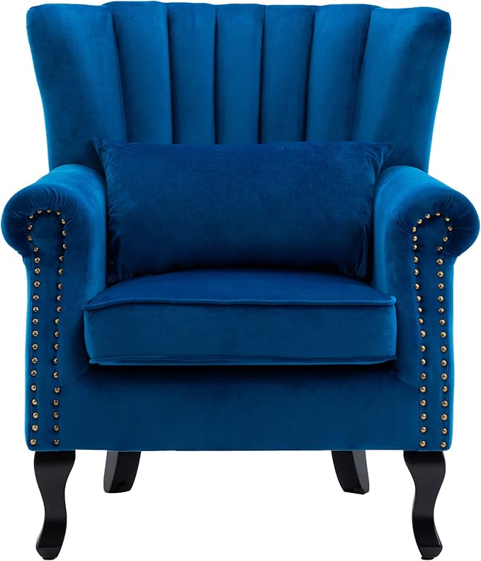 DM Furniture Mid Century Accent Chair Modern Tufted Wingback Armchair Club Chair Velvet Single Sofa Lounge Chair with Pillow for Living Room Bedroom, Blue