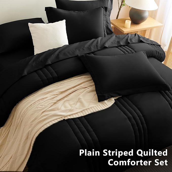 CozyLux California King Size Comforter Set - 7 Pieces Bed in a Bag Black Comforter Set with Sheets Cal King, Soft Bedding Set with Down Alternative Comforter, Sheets, Pillowcases & Shams