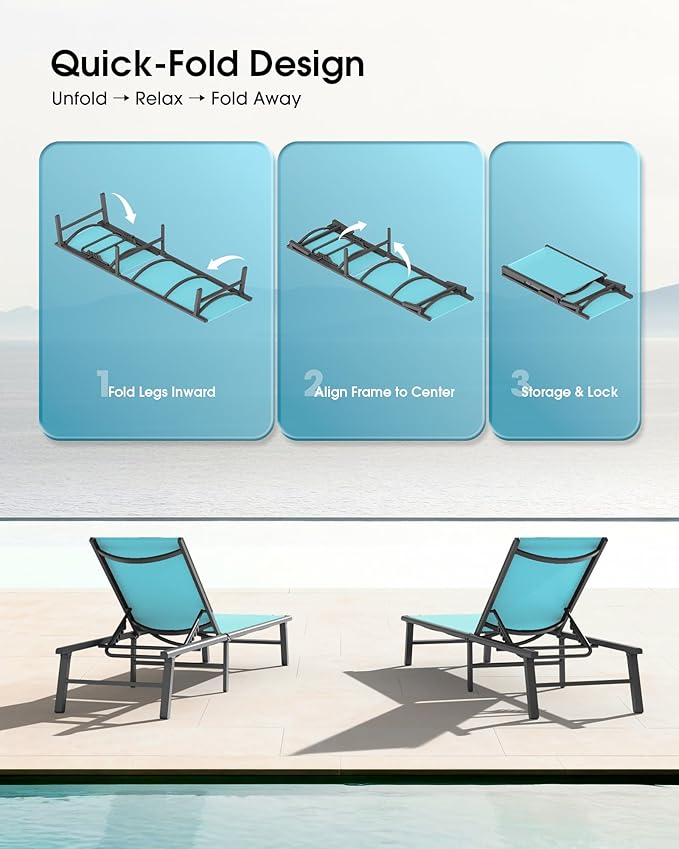 Ciokea Aluminum Outdoor Lounge Chair Set of 2- No Assembly Needed, Foldable Patio Chaise Lounge with 5 Adjustable Positions, Reinforced Frame for Extra Durability, Pool Beach Lounge Chair,Lake Blue