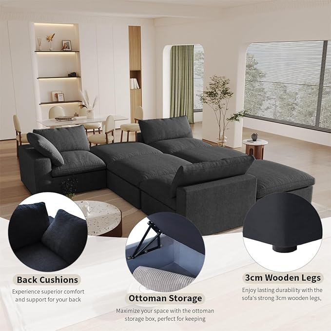 160" Cloud Couch Modular Sectional Sofa for Living Room,L Shaped Sofas with Storage Ottoman,Down Filled Convertible 6 Seater, Covers Washable&Replaceable (Black)