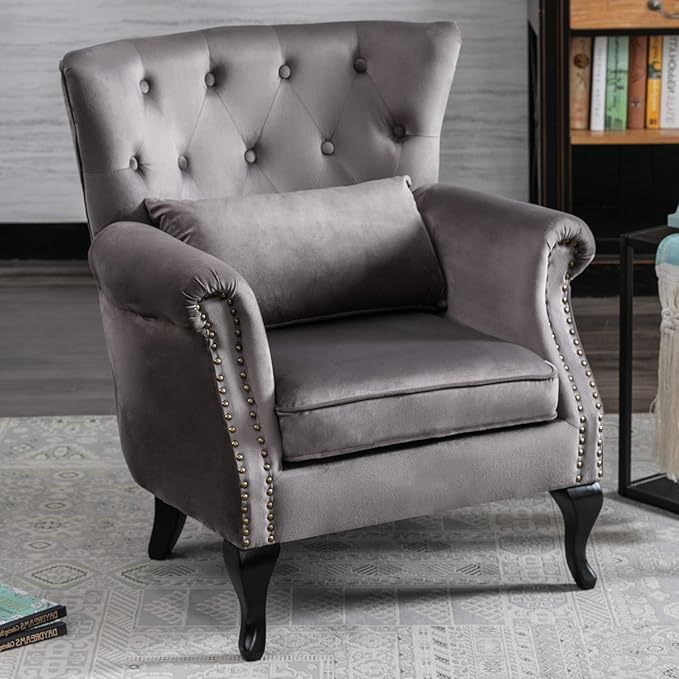 LZAREAL Accent Reading Arm Chairs for Living Room Bedroom, Midcentury Modern Comfy Corner Sofa Chair, Wingback Waiting Room Club Chair with Button Tufted Back &Lumbar Pillow, Velvet Grey