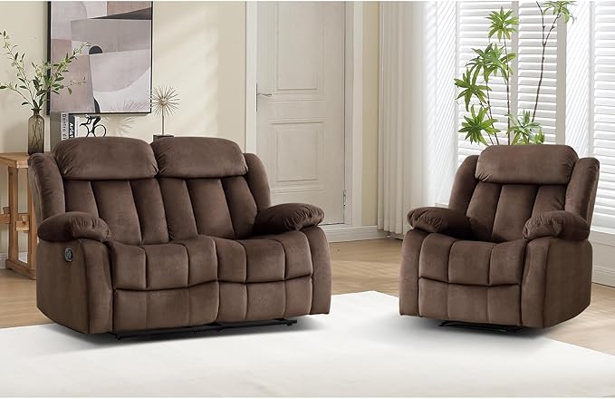 EBELLO Manual Reclining Sofa Set, Classic Recliner Sofa with Overstuffed Arms and Backrest, Include 1 Recliner Chair, 1 Loveseat Couch, Brown