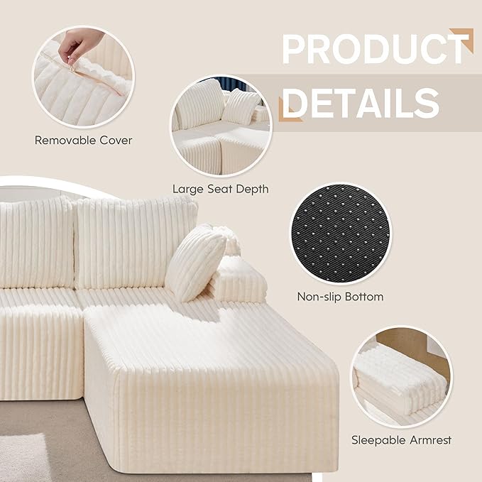 Modular Sectional Sofa Couches L-Shape Couch 3 Seat Modular Sofa Memory Foam Sectional Couches for Living Room, Cloud Couch with Oversized Chaise (White Stripe, 108" Right Facing Chaise)