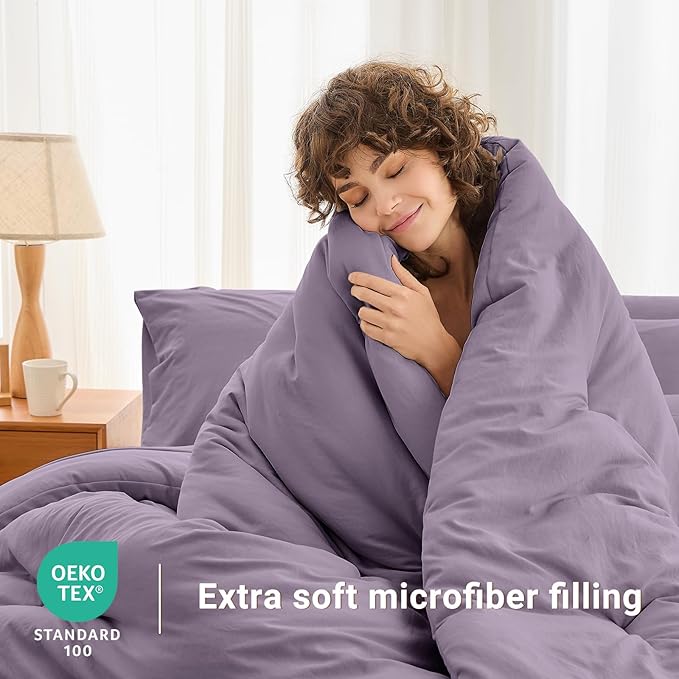MUXHOMO 7 Pieces Full Comforter Set, Soft Bed in a Bag Full Size, All Season Bedding Set with Comforter, Flat Sheet, Fitted Sheet, Pillowcases & Shams, Greyish Purple