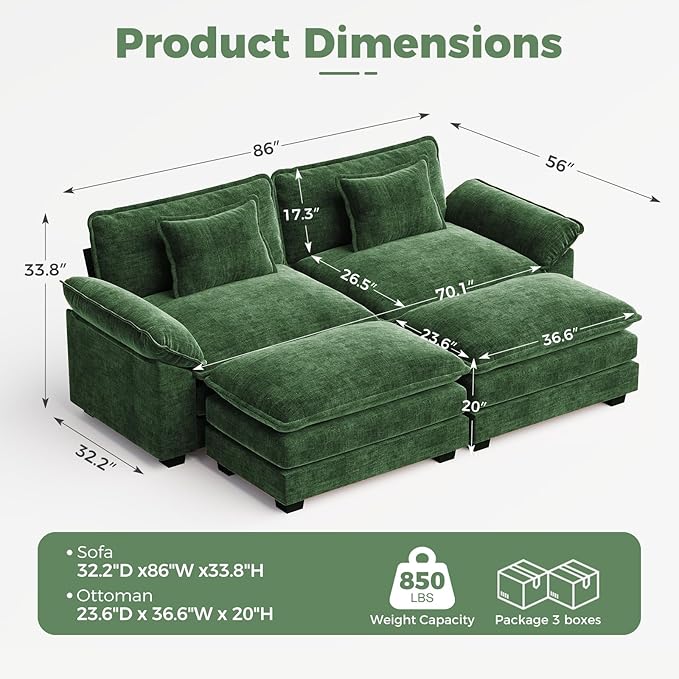 CDCASA 86" Modular Sectional Sofa, Comfy Cloud Couch with 2 Movable Ottoman, 4-Seater Chenille Deep Seat Sofa Bed Modern Sofa Couch for Living Room, DIY Combination, Green
