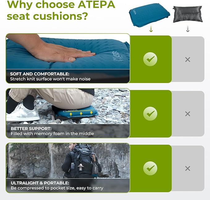 ATEPA Inflatable Seat Cushion, Self-Inflating Portable Stadium Airplane Travel Foam Cushion Pad for Camping, Sports Events, Outdoor