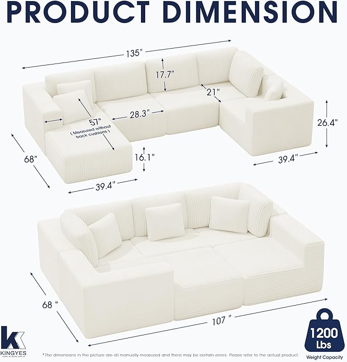 KINGYES 135'' Modular Sectional U Shaped Sofa, Upholstered Corduroy Boneless Couch Cloud Couch for Living Room, Beige