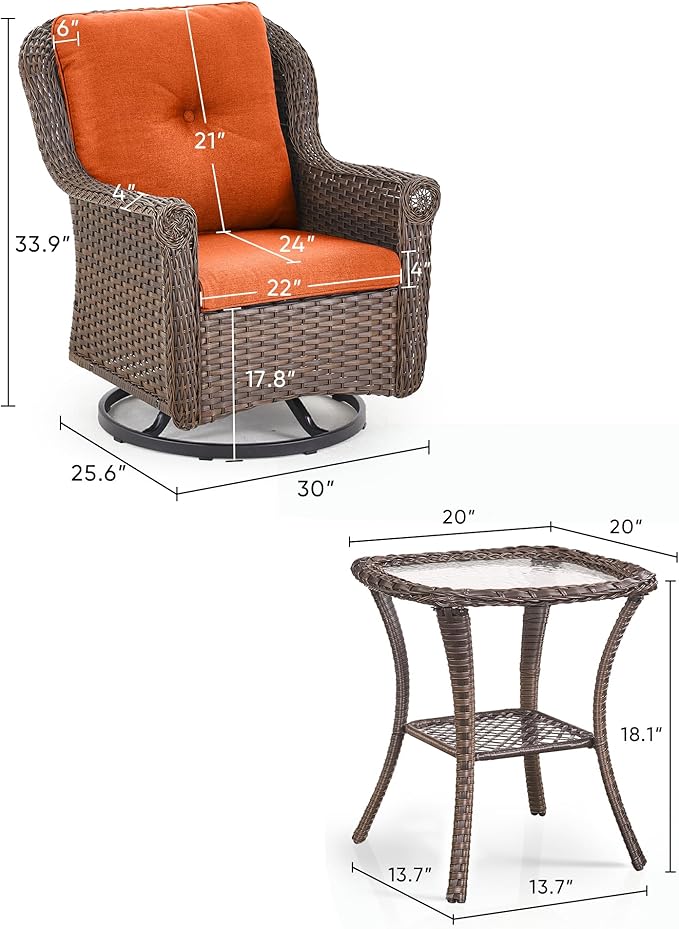 ACTREST 3 Piece Patio Swivel Chairs and Side Table Set - High Back Outdoor Brown Wicker Rattan Rocking Glider with Thick Cushions for Porch Apartment Deck Yard Poolside Garden - Orange