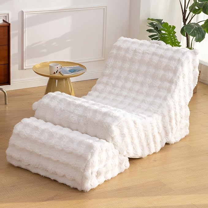 Gaint Bean Bag Chairs for Adults, Beanbag Lounge Filled with Memory Foam, Adjustable Angle, Velvet Fabric, with Detachable Footrest for Bedroom, Living Room and Nursery(White)