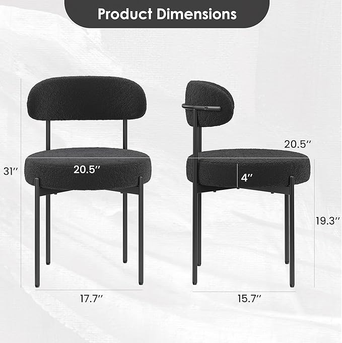 Farini Dining Chairs Set of 4,Mid-Century Modern Kitchen Chair Curved Backrest Round Upholstered Sherpa Dining Chairs with Metal Legs,Black