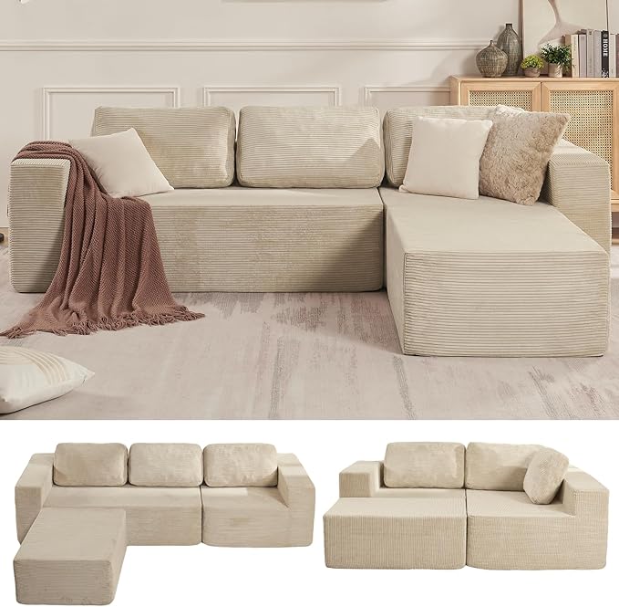 Furnify 106" Cloud Sectional Couch, Left/Right Facing Convertible Sofa with Deep Seat, L-Shape Modular Upholstered Foam Couch for Living Room Bedroom, No Assembly Required (Corduroy Fabric, Beige)