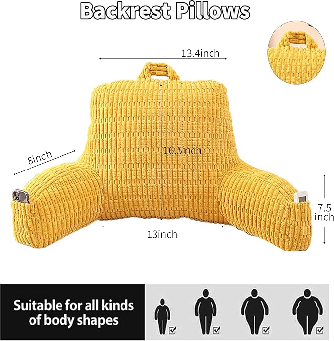 PAJEO Reading Pillow for Sitting in Bed, Large Backrest Reading Pillow with Arm Rest,Back-Rest Support Cushion for Sit Up on Couch, Sofa, and Floor, Dorm Essentials (Yellow Corduroy, Standard(17"))