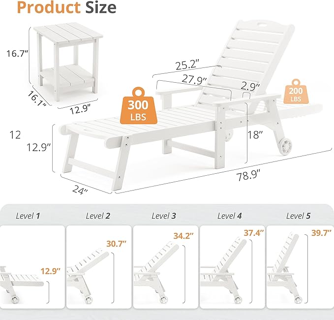 LUE BONA Chaise Lounge Chair with Table, 2-Piece, HDPS Chaise Lounger, 5 Positions Adjustable Lounge Chairs, Pool Lounge Chair with Wheels for Poolside, Backyard, White