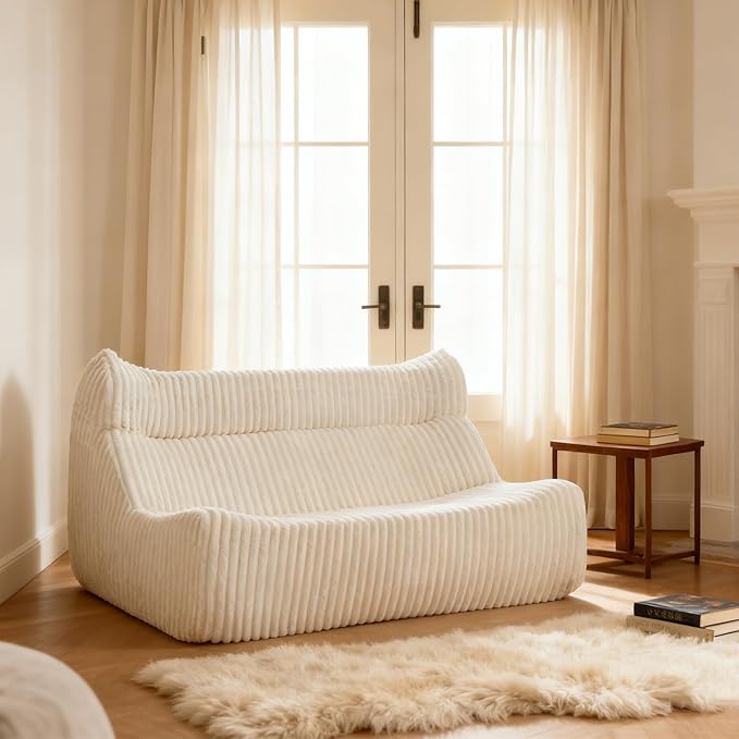 Bean Bag Chairs, Giant Bean Bag Chair for Adults, Memory Foam Lounge Chair, Comfy Lazy Floor Chair, Bean Bag Sofa for Living Room, Bedroom and Office, Loveseat Bean Bag (White)
