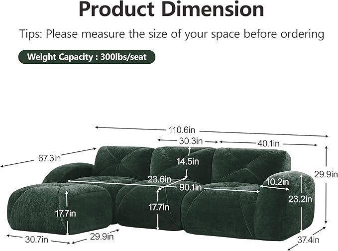 Modular Sectional Sofa with Free Combination,Boneless Floor Couch for Living Room & Lounge,Velvet 3-Seater Sectional Couch with Ottoman,No Assembly Needed
