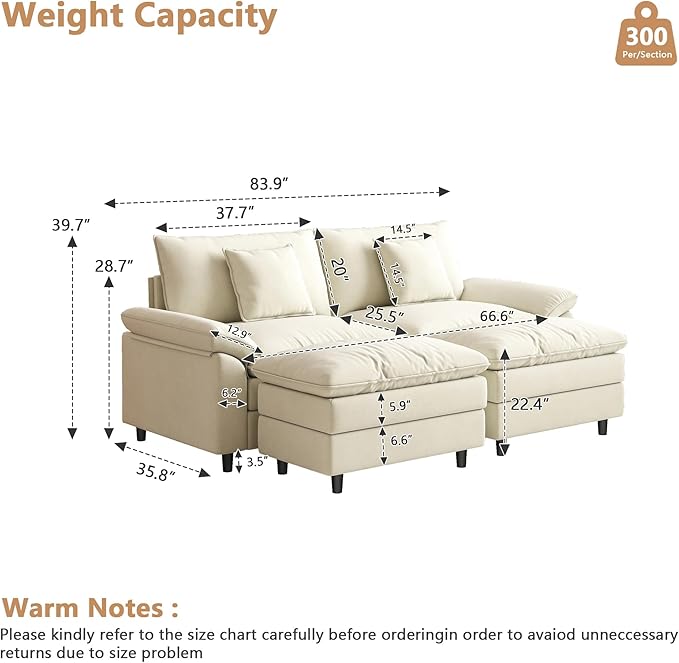 Aoowow Modular Sectional Sofa Modern Convertible Loveseat Couch,85 Inch Deep 2-Seater Sofas Comfy Chenille Cloud Sofas and Couches Set with 2 Movable Ottoman for Living Room Apartment(Beige)