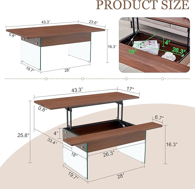 HanStrong 43.3" Lift-Top Coffee Table with Storage,Marble & Tempered Glass Space-Saving for Living Room,Office,Dark Brown