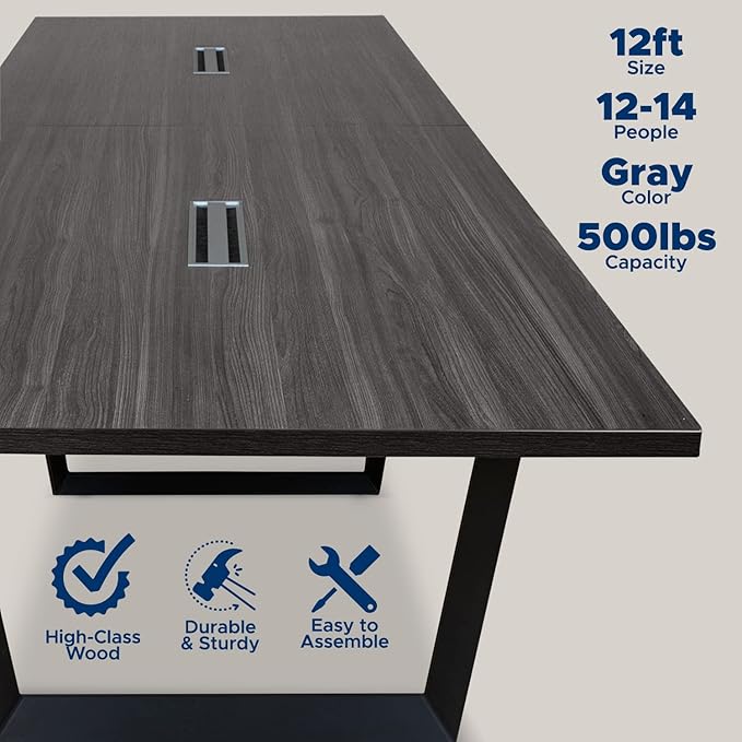 ahliss Sturdy Conference Table with Cable Management Grommets Modern Rectangle Office Meeting Table with Wood Tabletop and Metal Frame & Legs- Easy Assembly Boardroom Table (Grey, 12 Foot)