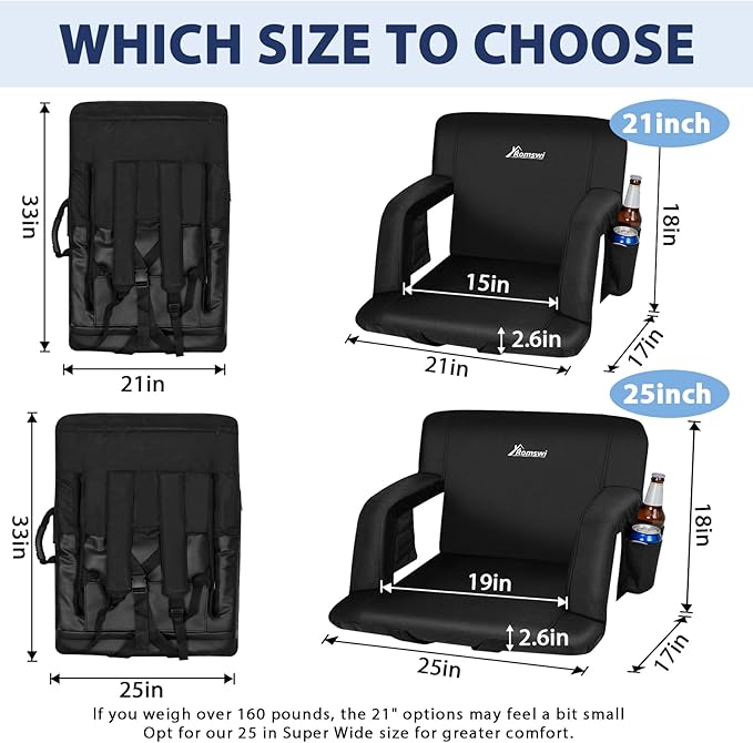 Romswi 2 Pack Wide Backpack Reclining Stadium Seat with Armrests, 6 Adjustable Angle & Hidden Hooks, Bleacher Chair with Padded Backpack Straps & Multiple Pockets for Outdoor (21in)