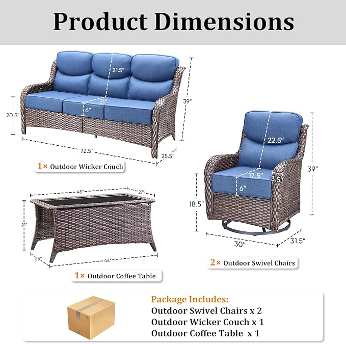 Pugire Luxury High Back Patio Furniture Set with 6-Inch Thick Cushions, 4-Pieces Outdoor Furniture with Swivel Chairs, Wicker Conversation Set for Porch, Balcony, Deck and Yard, Brown/Blue