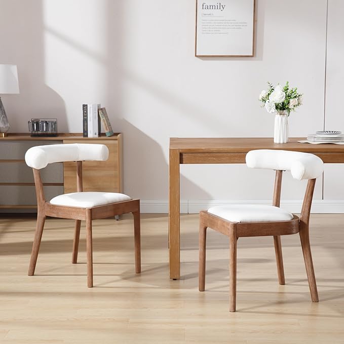 Kmax Dining Room Chairs Mid-Century Modern Fabric Kitchen Chairs with Natural Walnut Finished Frame, Linen Curved Back, Set of 4, White