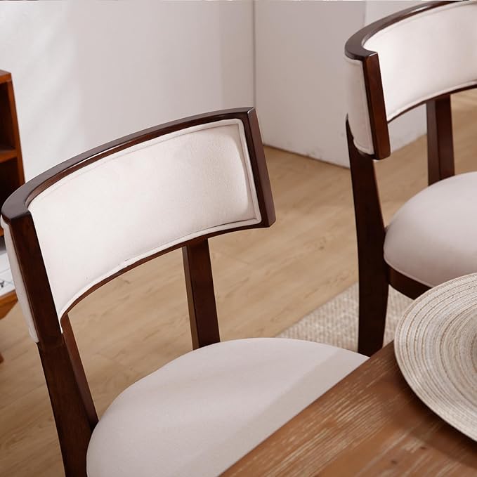 DM Furniture Dining Chairs Set of 6 Linen Fabric Upholstered Dining Room Chairs with Curved Backrest Mid Century Modern Farmhouse Kitchen Chair Solid Wood Side Chairs for Living Room/Restaurant