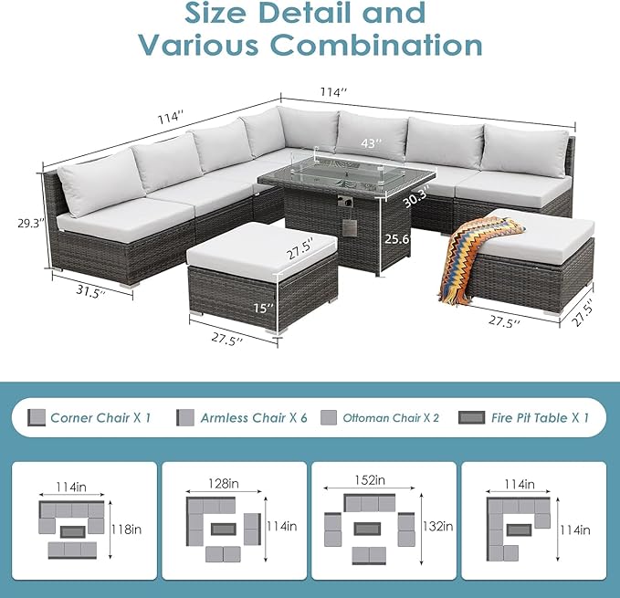 RADIATA 10Piece Wicker Patio Furniture Set with Fire Pit, All-Weather Outdoor Sectional Couch High Back Large Size, Modular Backyard Seating Sofa Set with Propane/Natural Gas Firepit Table, Light Grey