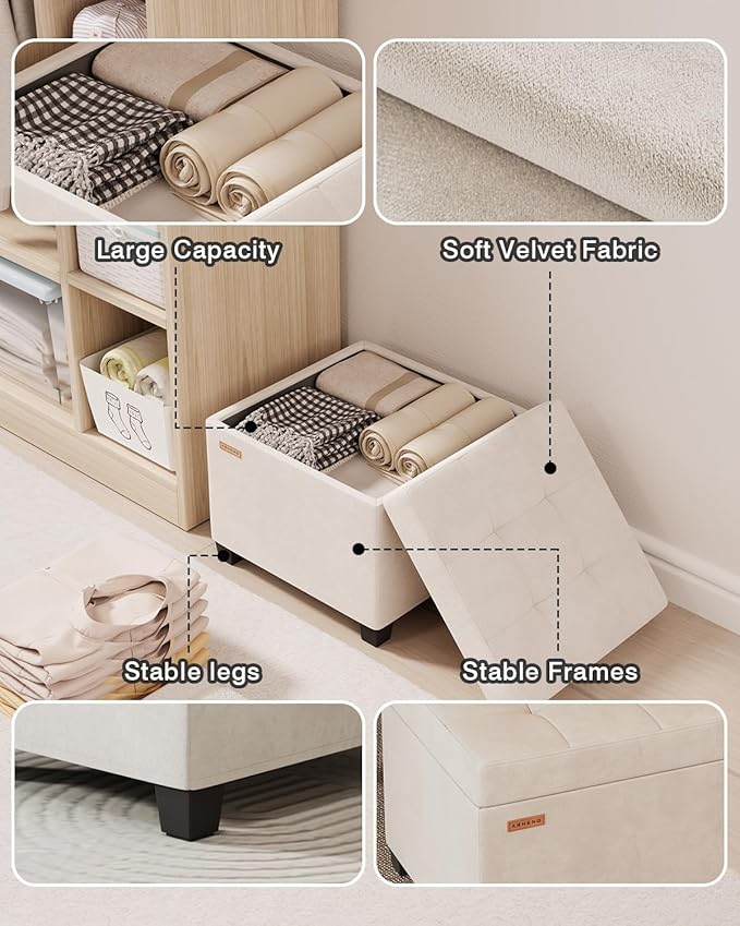 ABHENG 17.7 inches Velvet turfed Ottomans Cube with Storage, Metal-Framed Square Linen Storage Ottoman Foot Rest Stool Holds 770 LB for Dorm Living Room Bedroom White UASND64W
