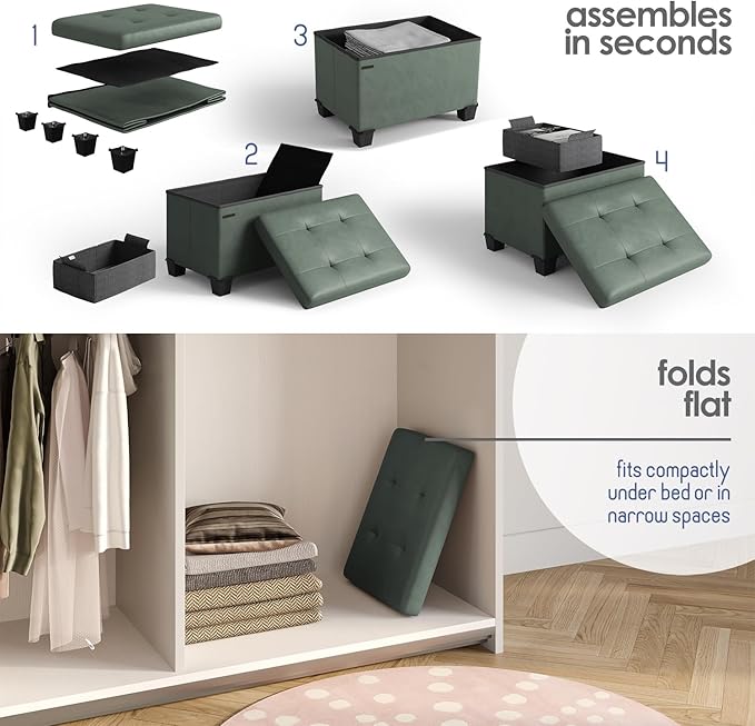 Storage Ottoman Cube with Small Bin, 16-in Square Ottoman with Storage for Living Room and Bedroom, Small Ottomans Foot Rest, Faux Leather Foot Stools Ottomans Max 330lbs, Green