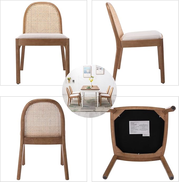 DUOMAY Mid-Century Modern Rattan Dining Chairs Set of 4, Wooden Dining Room Chair with Cane Backrest and Padded Seat, Linen Upholstered Dining Chair, Natural Finish, Beige