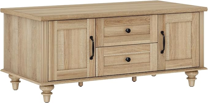 WAMPAT Oak Coffee Table with Drawer & Storage Cabinet, Farmhouse Rustic Center Table for Living Room, Rectangle Wooden Cocktail Table Tea Table for Home, Office
