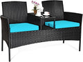 HAPPYGRILL Outdoor Rattan Loveseat Set Patio Wicker Conversation Set with Removable Cushions, Wicker Sofa Furniture Set with Coffee Table for Garden Lawn Backyard