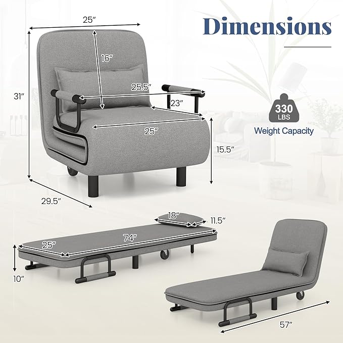 Giantex Convertible Sofa Bed, 3-in-1 Folding Sleeper Chair with 5-Position Adjustable Backrest, Wheels, 2 Legs, Recliner Chaise Lounge with Pillow, Armchairs for Nursery Living Room (Light Gray)
