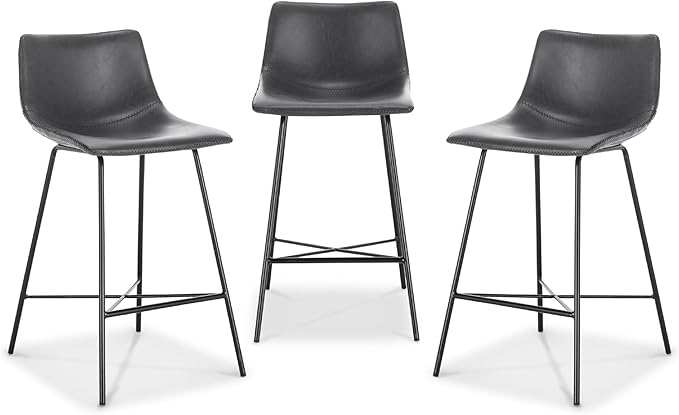 POLY & BARK Paxton Leather Counter Stools 24 Inches - Set of 3 - Counter Height Bar Stools with Back - Modern Barstools for Kitchen Island or Counters - Faux Leather & Matte Black Steel Base - Gray