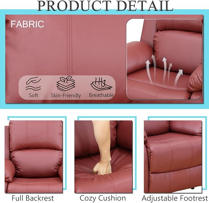 Caberryne Leather Recliner Sofa Set，Leather Reclining Couch for Living Room Furniture Sets，Red Recliner Couch with 5 Recliners for Living Room/Office/Theater Seating(Sofa Set 3 Pieces)