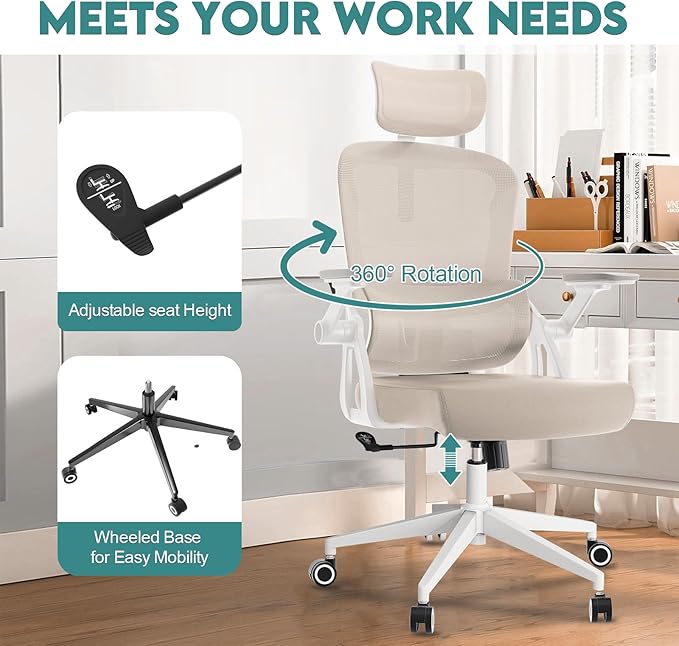 Office Chair Ergonomic Desk Chair with Lumbar Support&Headrest&Flip-up Arms Height Adjustable Rocking Swivel High Back Computer Chair Multi-Angle from 90° to 125° with 350LBS Capacity (05Khaki)